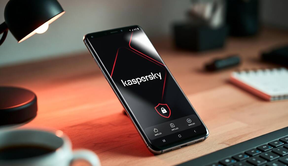смартфон на фоне клавиатуры и лампы с логотипом Kaspersky прототип смартфона на собственной ОС