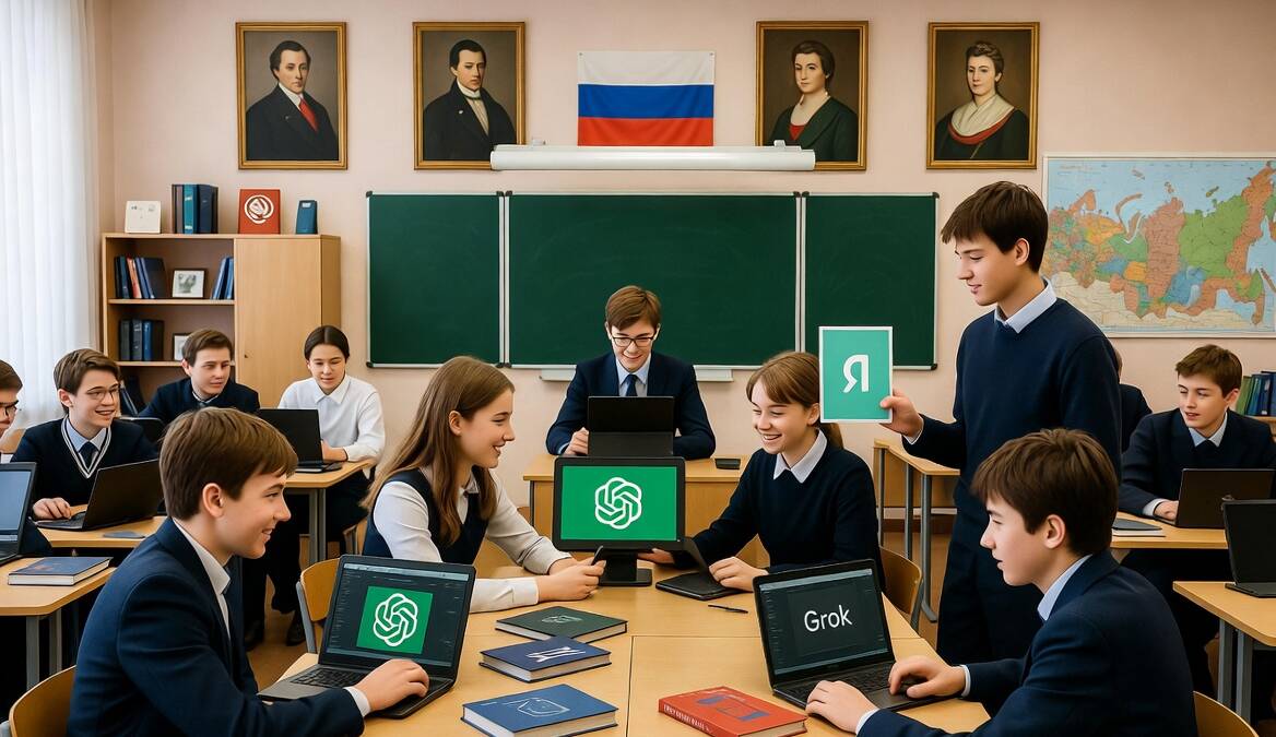 Школьники используют ИИ-ассистенты в классе Минцифры российский флаг