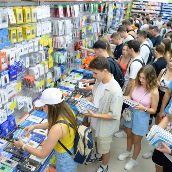 люди в магазине с USB накопителями и CD-дисками