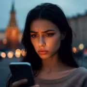 Девушка смотрит на смартфон App Store