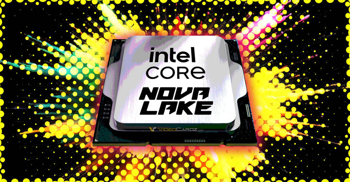 Процессор Intel Core Nova Lake с логотипом на металлической плате фона с яркими взрывами красочного шоу