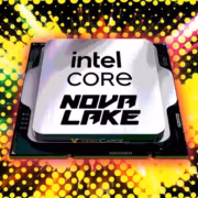 Процессор Intel Core Nova Lake с логотипом на металлической плате фона с яркими взрывами красочного шоу