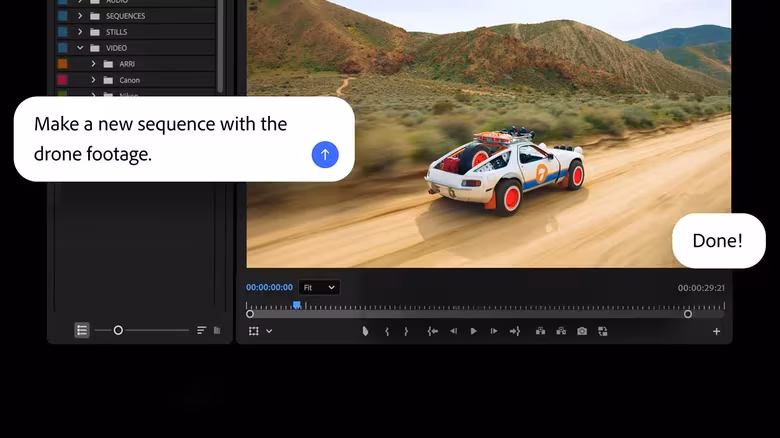 Фокусировка на интерфейсе Adobe Premiere Pro с видеоклипом и функцией Firefly