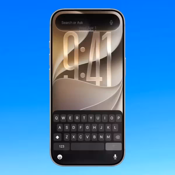 Айфон с открытой клавиатурой, иконки сообщений и поиска в iOS 27