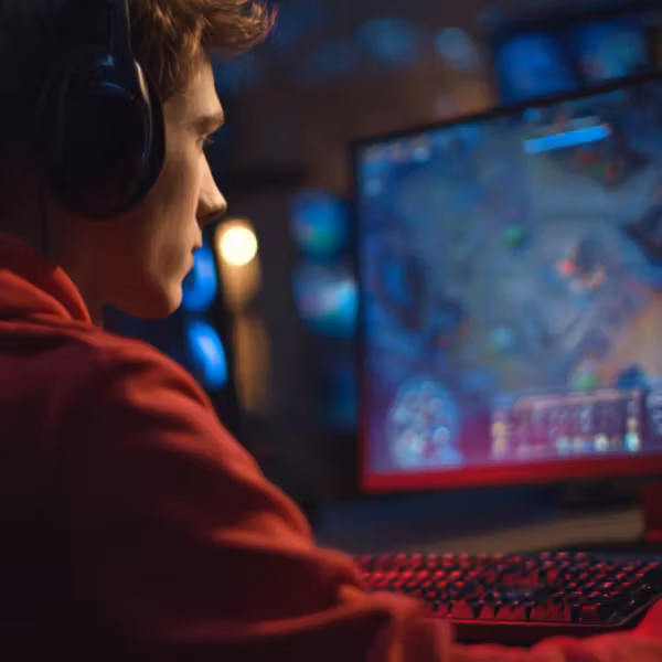 молодой человек с наушниками за компьютером играющий в игру на мониторe Steam