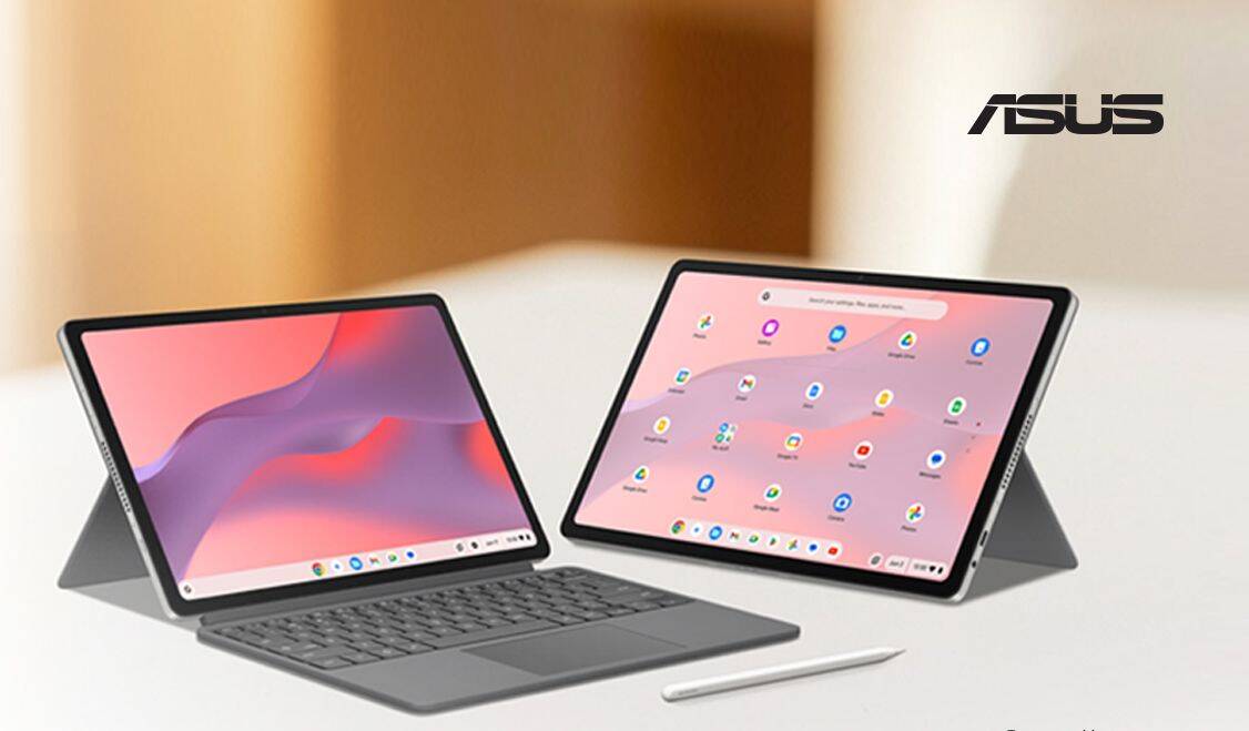 Asus Chromebook с клавиатурой и стилусом на столе