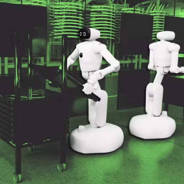 Две роботы сидят у тележек в лаборатории Nvidia LG