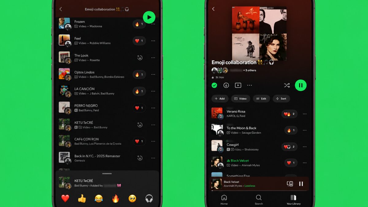 Экран смартфона с совместным плейлистом Spotify и эмодзи-реакциями