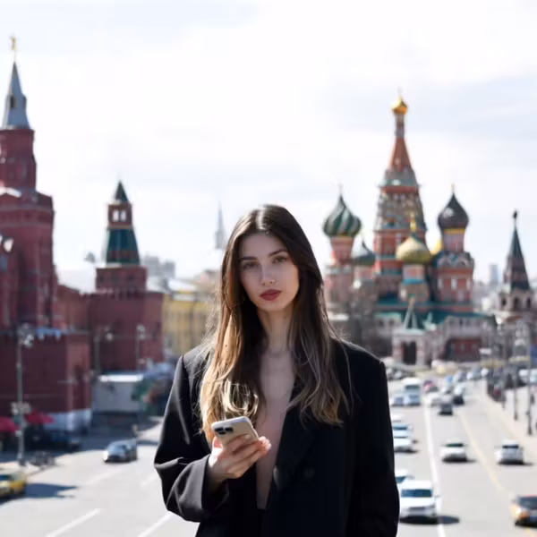 Женщина с телефоном на фоне Кремля в Москве