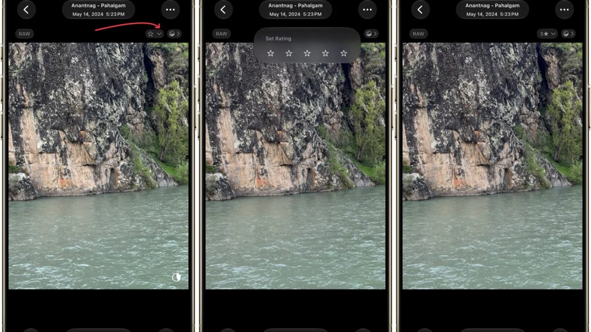 Три смартфона с фотографиями скриншотов оценки фотографии в iOS 27