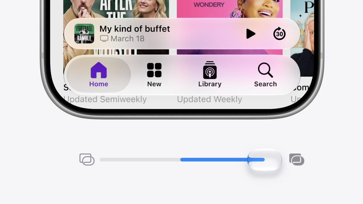 Видны меню на iPhone с слайдером и воспроизведением Apple iOS 27 Liquid Glass