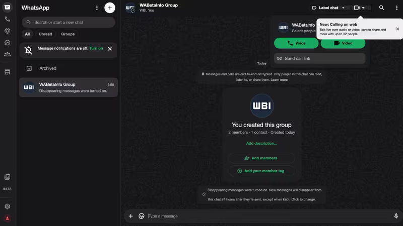 Интерфейс WhatsApp веб-версия с группой и функциями звонков