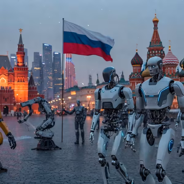 Роботы с человеческими лицами и роботизированные устройства на Красной площади