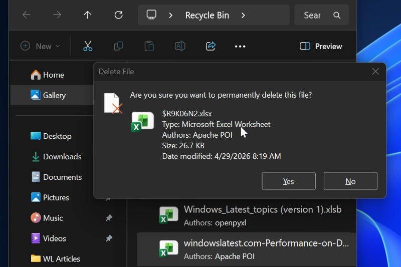 Обновление Windows 11 нарушило работу «Корзины» и Office 1 Диалог подтверждения удаления файла Excel Windows 11