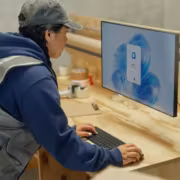 Пользователь за компьютером с Windows 10 в мастерской