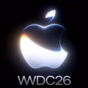 Логотип Apple и надпись WDС26 на черном фоне