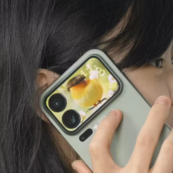 Молодая женщина держит смартфон Xiaomi с анимационной картинкой птички