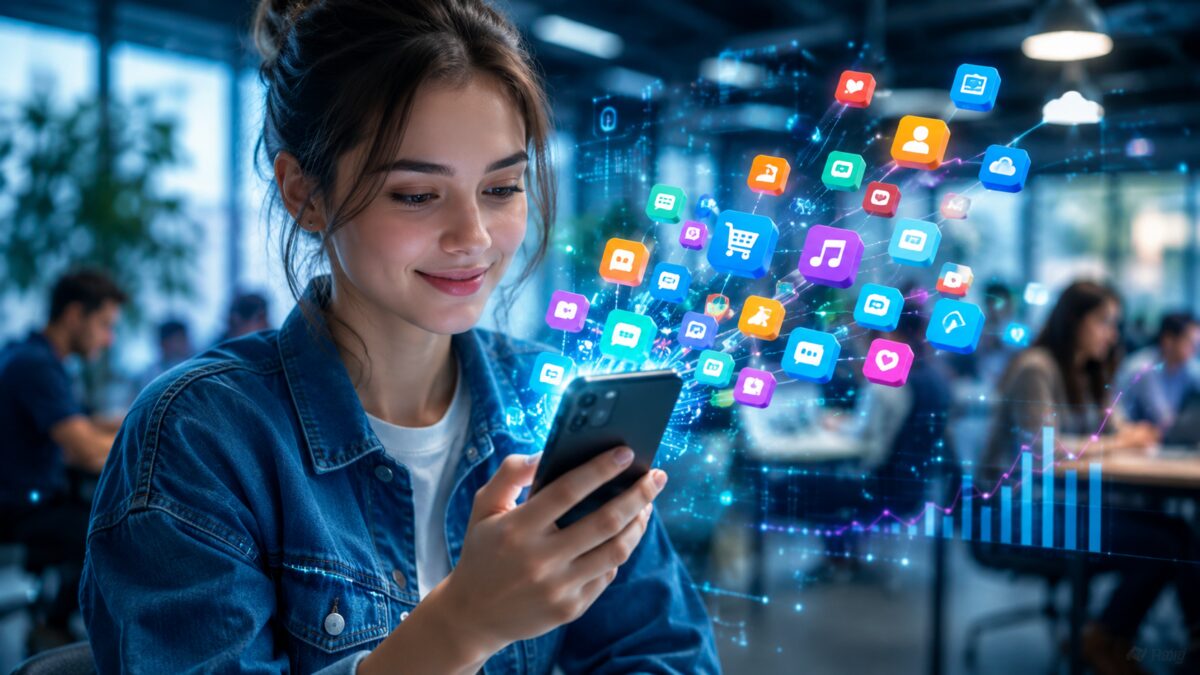 Девушка пользуется смартфоном с активными иконками приложений
