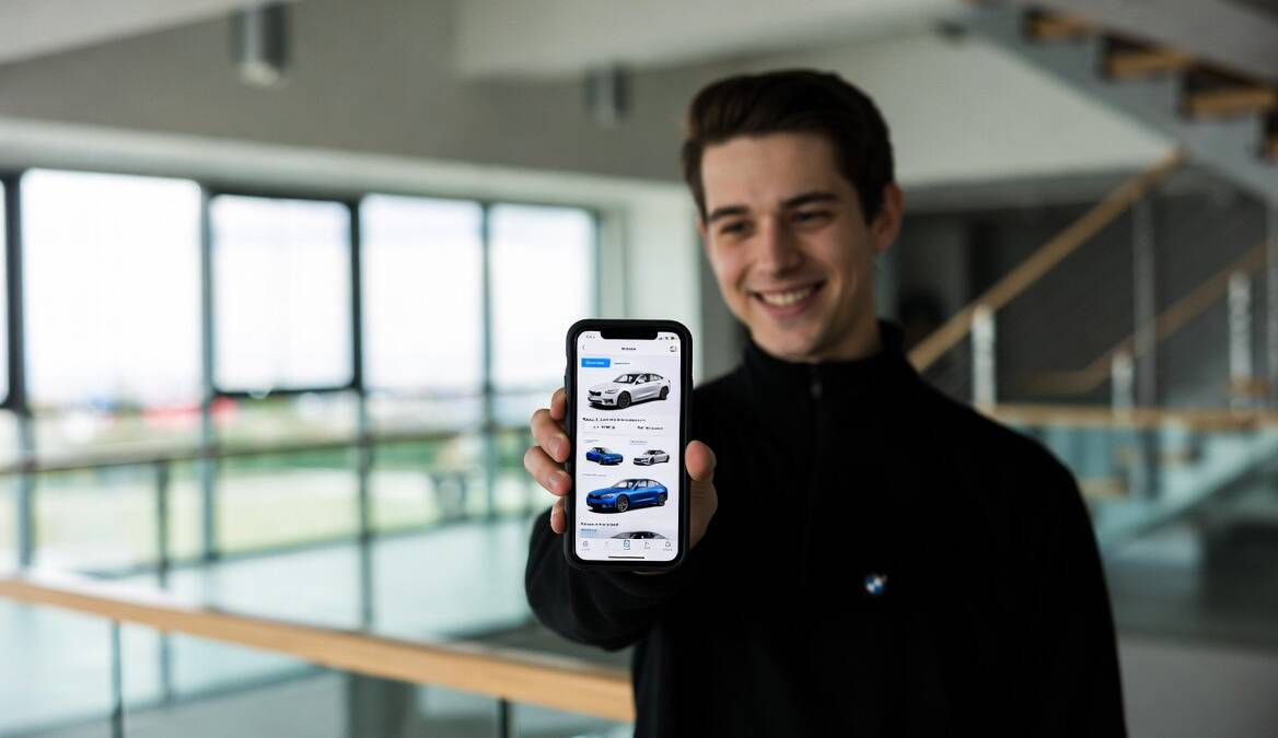 Мужчина держит смартфон с интерфейсом BMW с ChatGPT