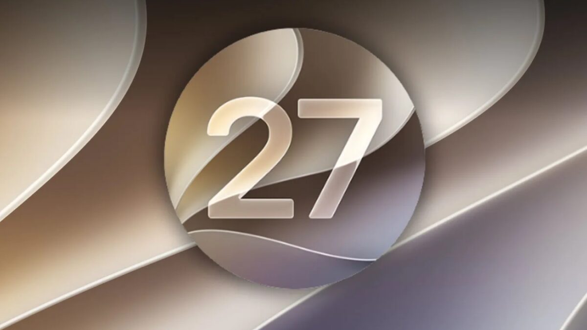 Логотип iOS 27 и macOS 27 на фоне абстрактных линий