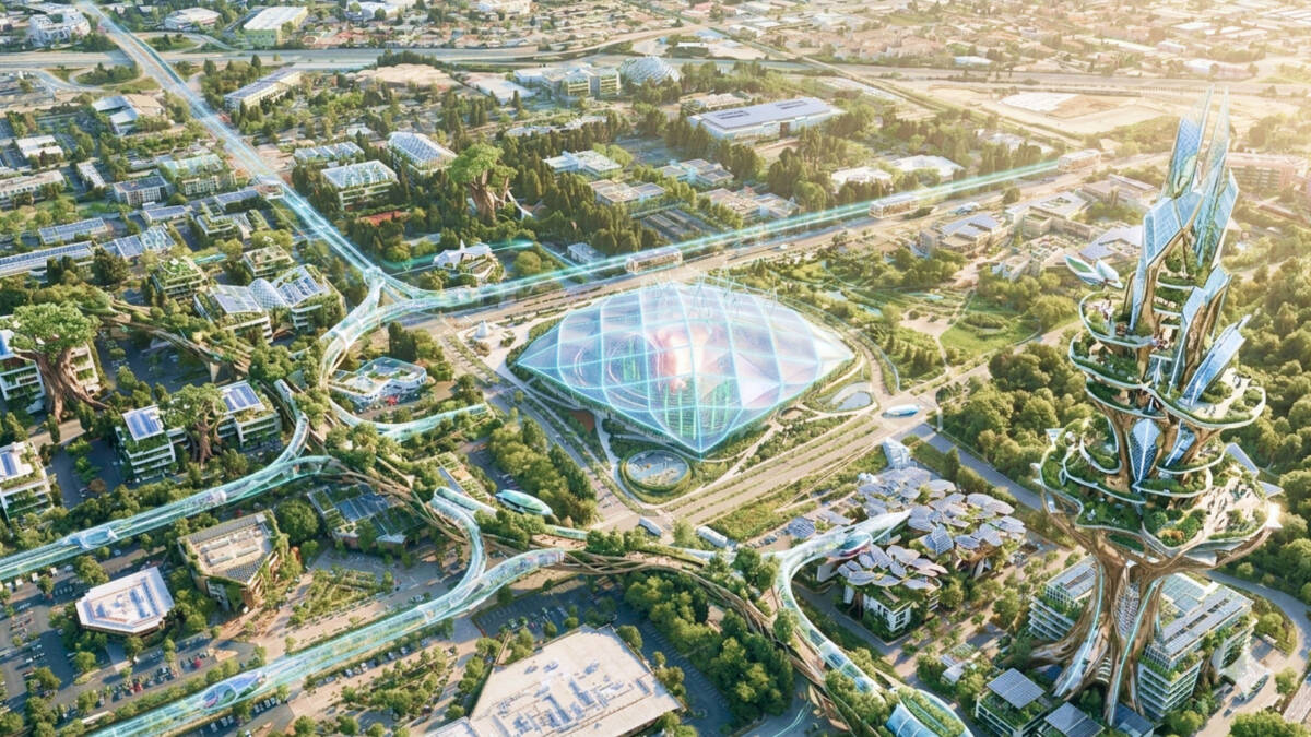 Городской пейзаж с футуристическими зданиями и транспортом Google Earth