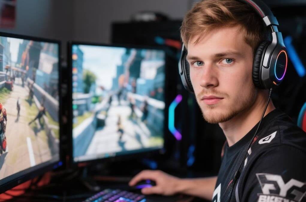 молодой мужчина за компьютером с двумя мониторами gaming ПК