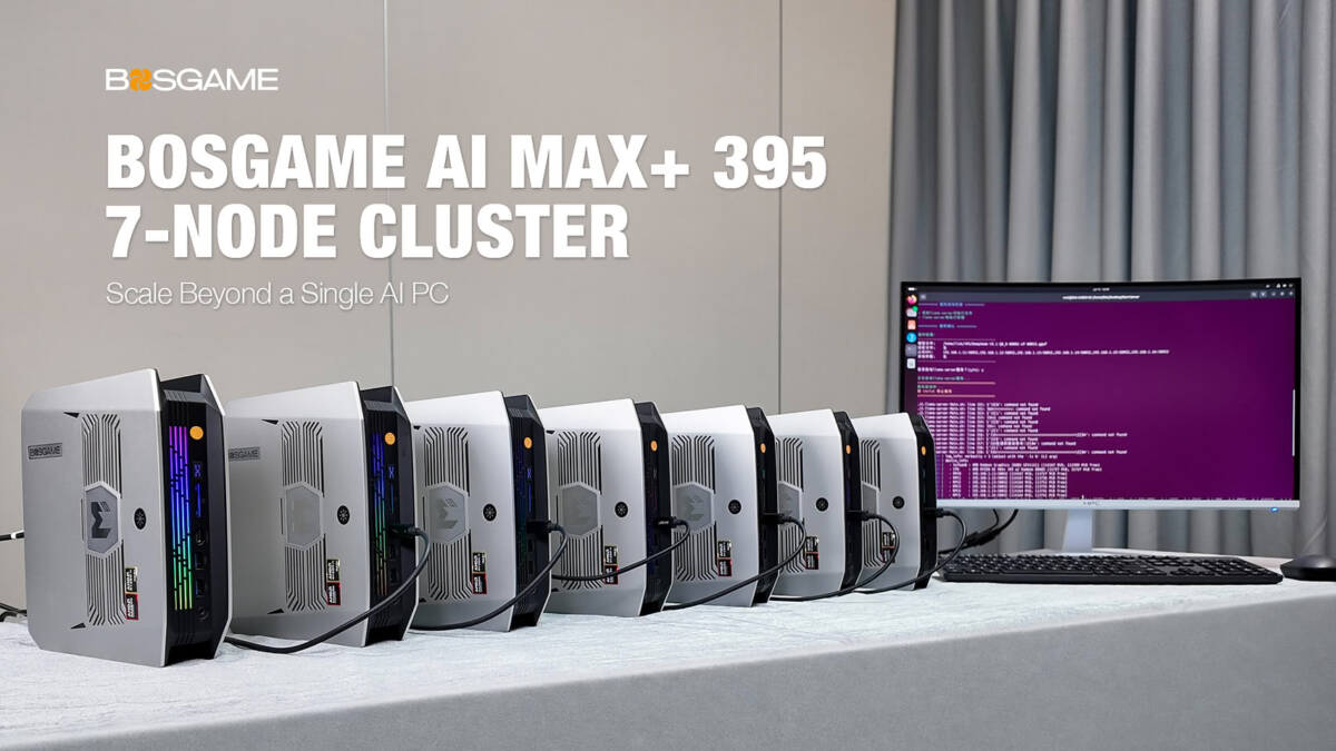 7 мини-ПК Bosgame AI MAX+ 395 7-Node Cluster и монитор
