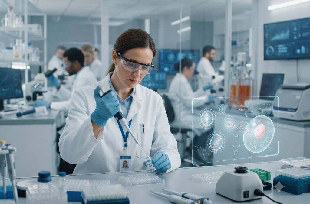 ученый на микроскопе исследует вакцины мРНК