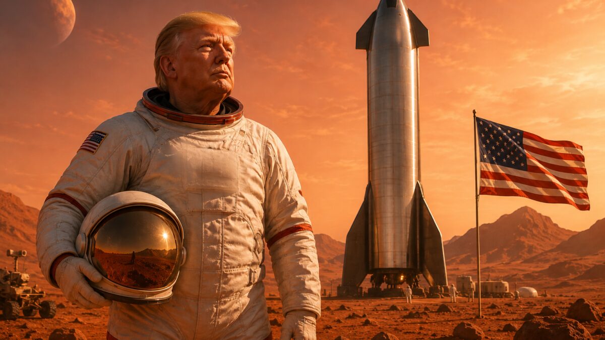 Трамп на Марсе, космический корабль, американский флаг