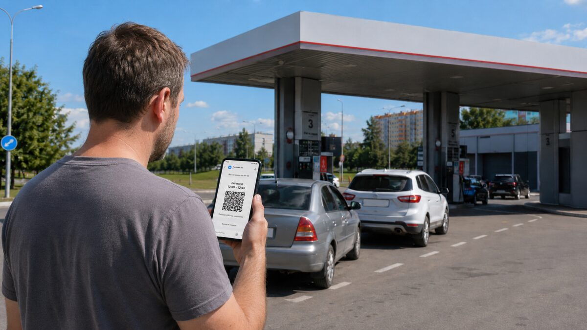 Мужчина с телефоном у заправки QR-запись Макс