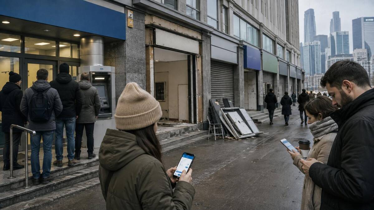 люди стоят в очереди у банкомата на улице, банк закрыт