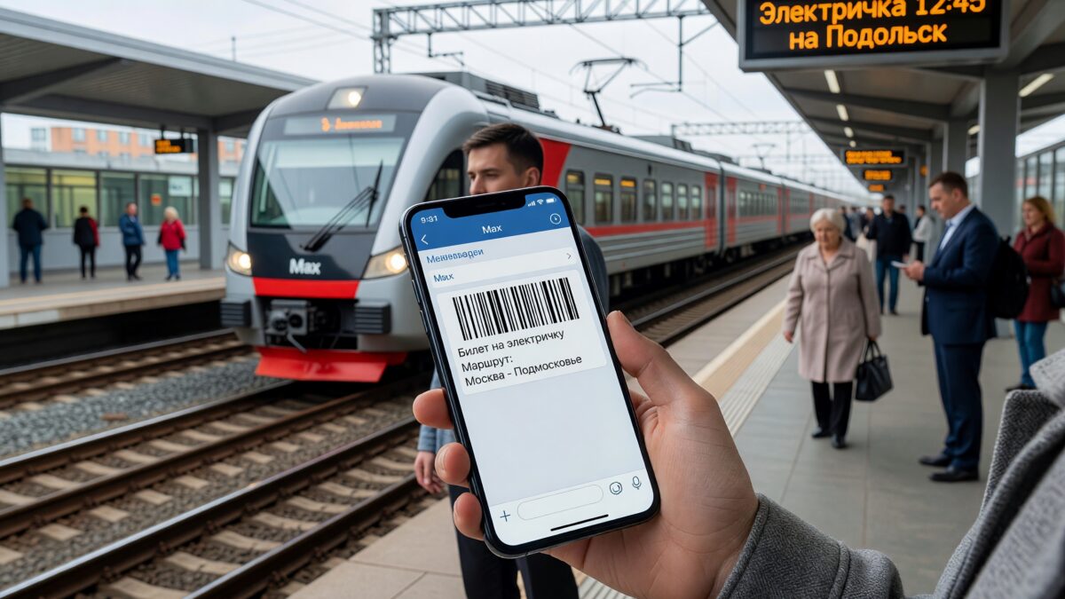 Билеты на электрички в Мах теперь продают в 60 регионах России 1 Мужчина держит смартфон с билетом на электричку Max