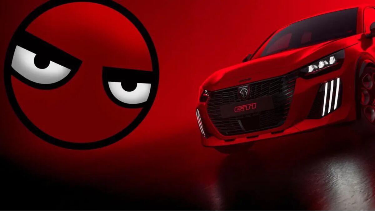 Логотип Angry Emoji и красный Peugeot GTi спорткар