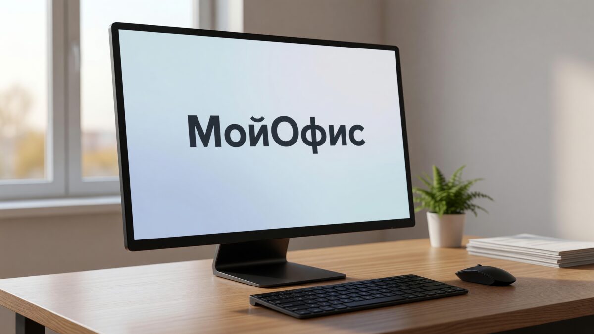 Компьютерный экран с надписью МойОфис на рабочем столе