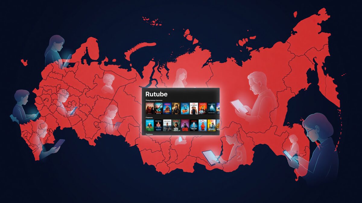 люди используют мобильные устройства на фоне карты Россия Rutube