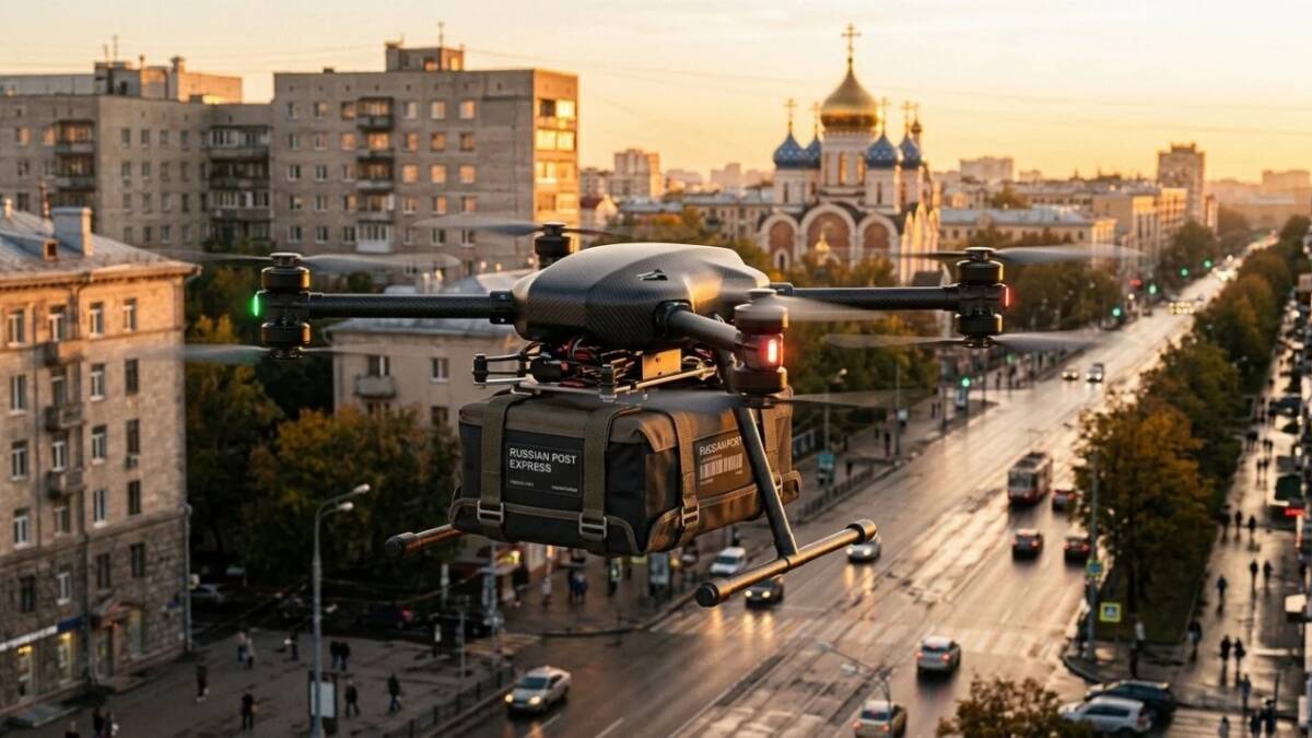 Беспилотник доставки с рюкзаком Russian Post Express в воздухе