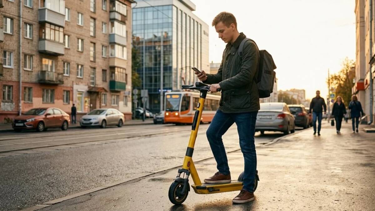 В «Яндекс Go» тестируют проверку возраста через «Госуслуги» для аренды самокатов 1 Молодой мужчина на электросамокате с телефоном Яндекс Го
