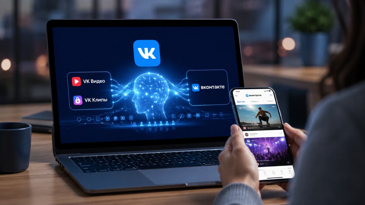 Работник использует ноутбук и телефон с VK Видео и VK Клипы