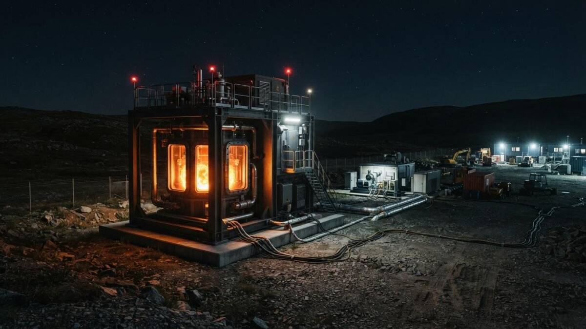 Большая промышленная установка с яркими огнями внутри