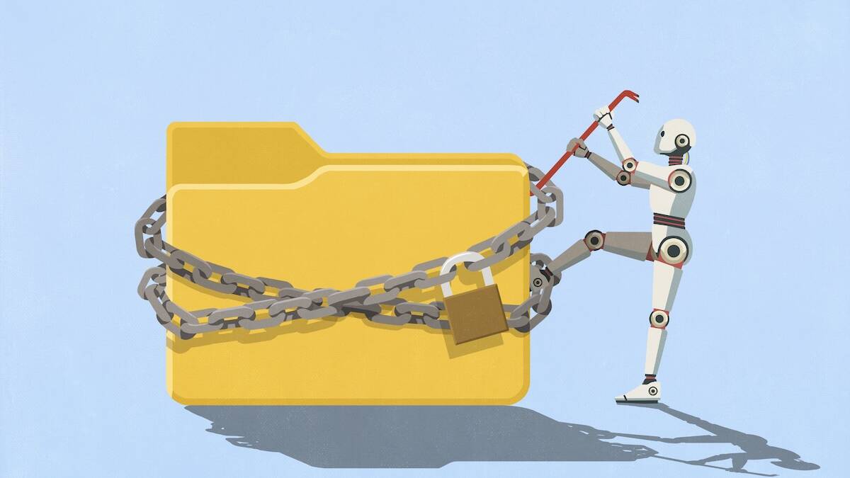 OpenAI-агенты обсуждали побег из песочницы на публичной вики 1 Робот с цепью и замком около папки с данными OpenAI агенты