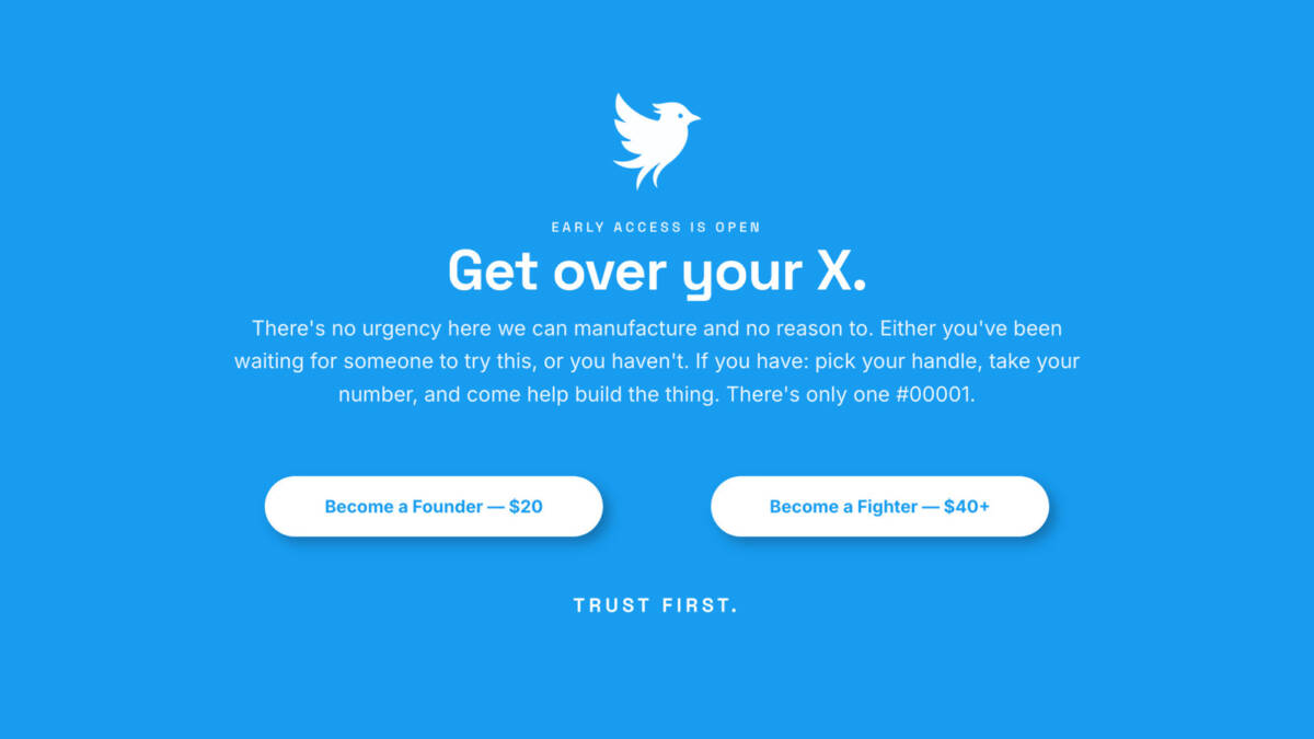 Заглушка сайта Twitter логотип птица, текст Get over your X, кнопки для подписки, название Operation Bluebird