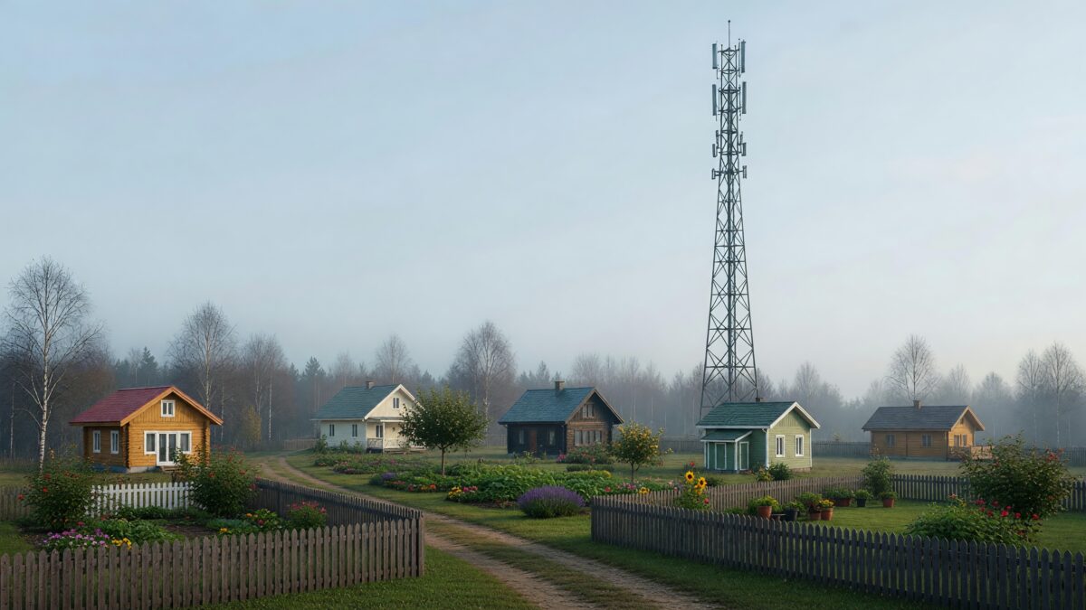 Россияне выбирают деревни, где в 2027 году появится мобильный интернет 1 деревянные дома деревни, заборы, цветы, деревья, телекоммуникационная вышка