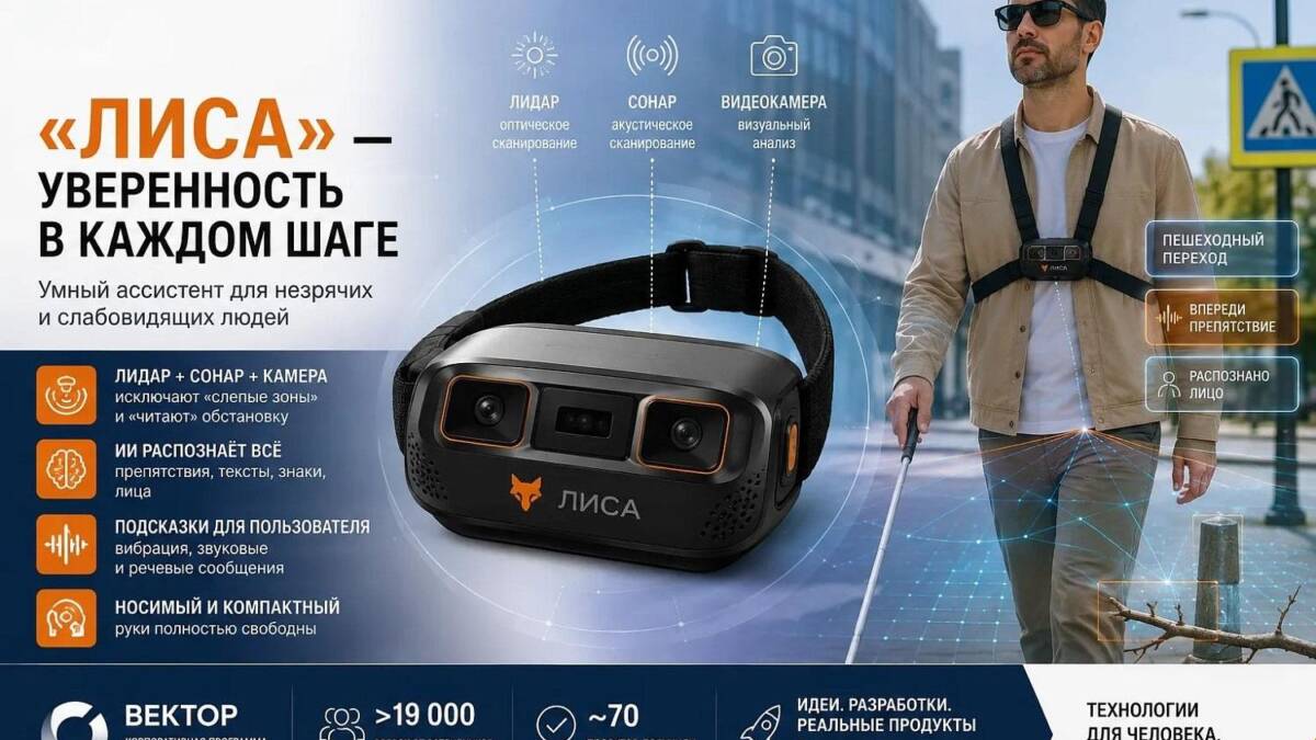 Умное носимое устройство ЛИСА с камерой на шее мужчина идет по улице