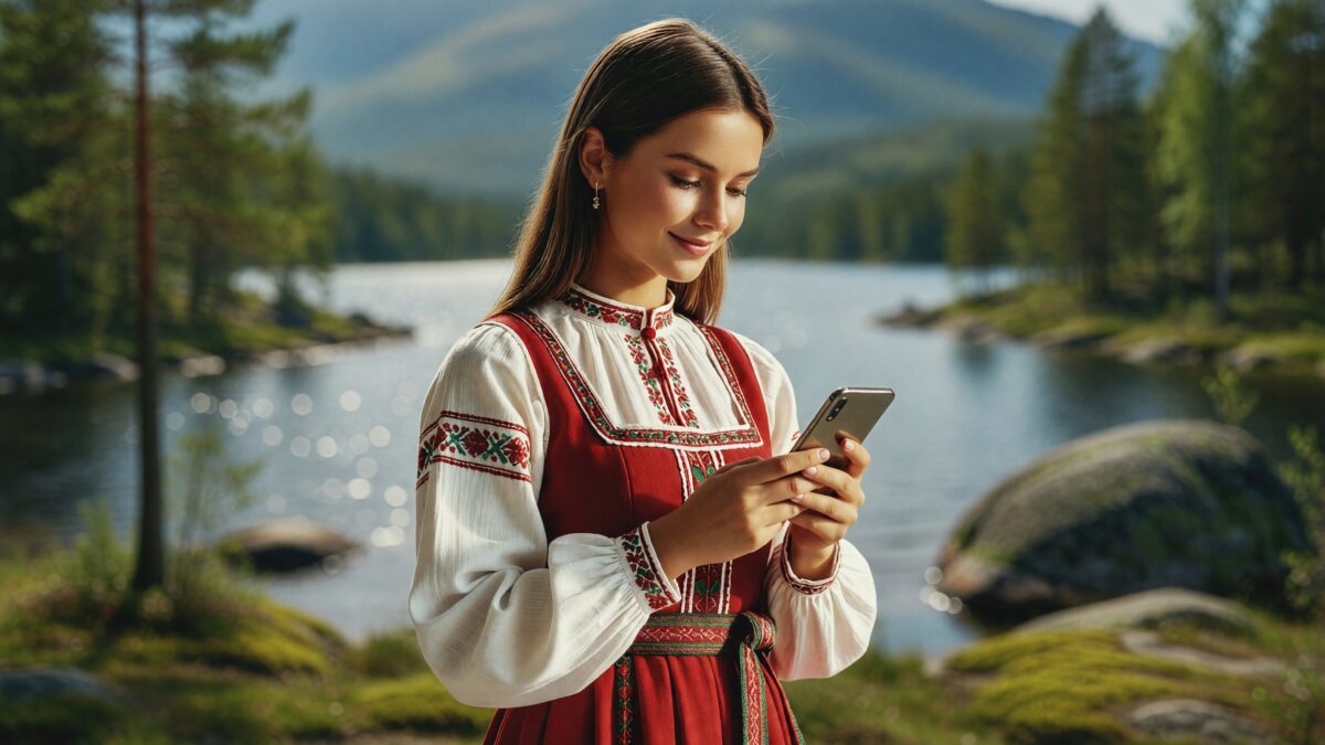 В «Яндекс Переводчике» появились алтайский и карельский языки 1 Девушка в традиционной одежде using Яндекс Переводчик на берегу реки