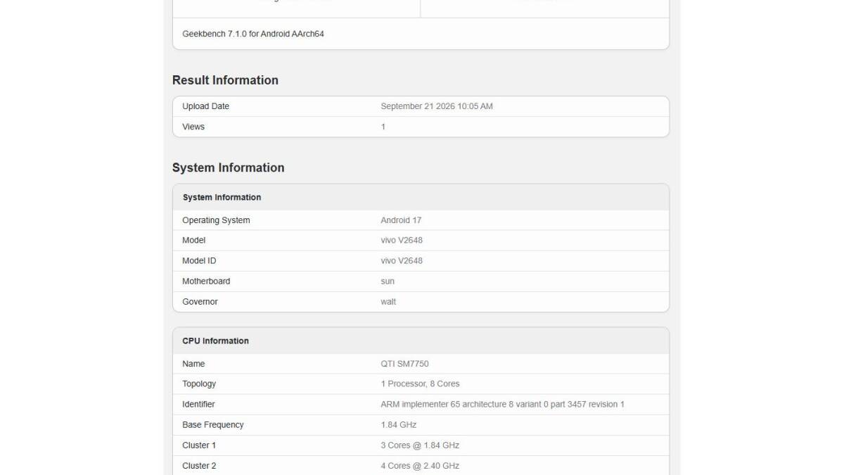 Результаты теста Geekbench для Vivo V2648