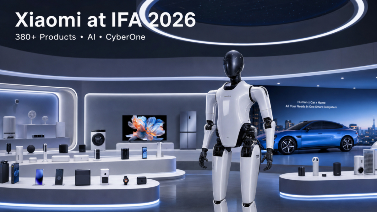 Манекен робота CyberOne и демонстрационные продукты Xiaomi на выставке