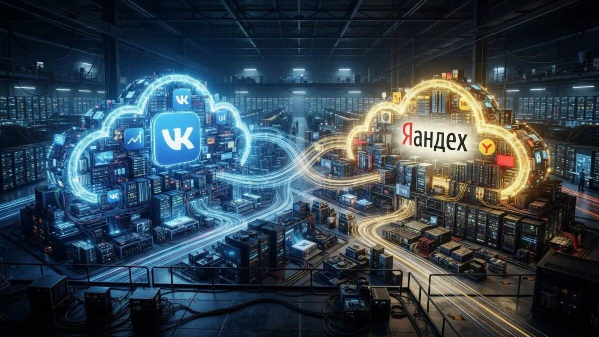 Облака с логотипами VK и Яндекс внутри дата-центра