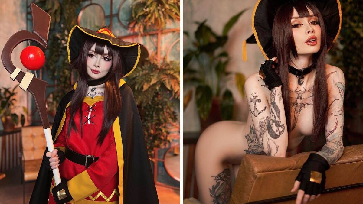 Косплей Мегумин из KonoSuba!: Zirael Rem в роли архимага 21 Зираэль Рем в роли Мегумин из KonoSuba носит костюм с шляпой и посохом