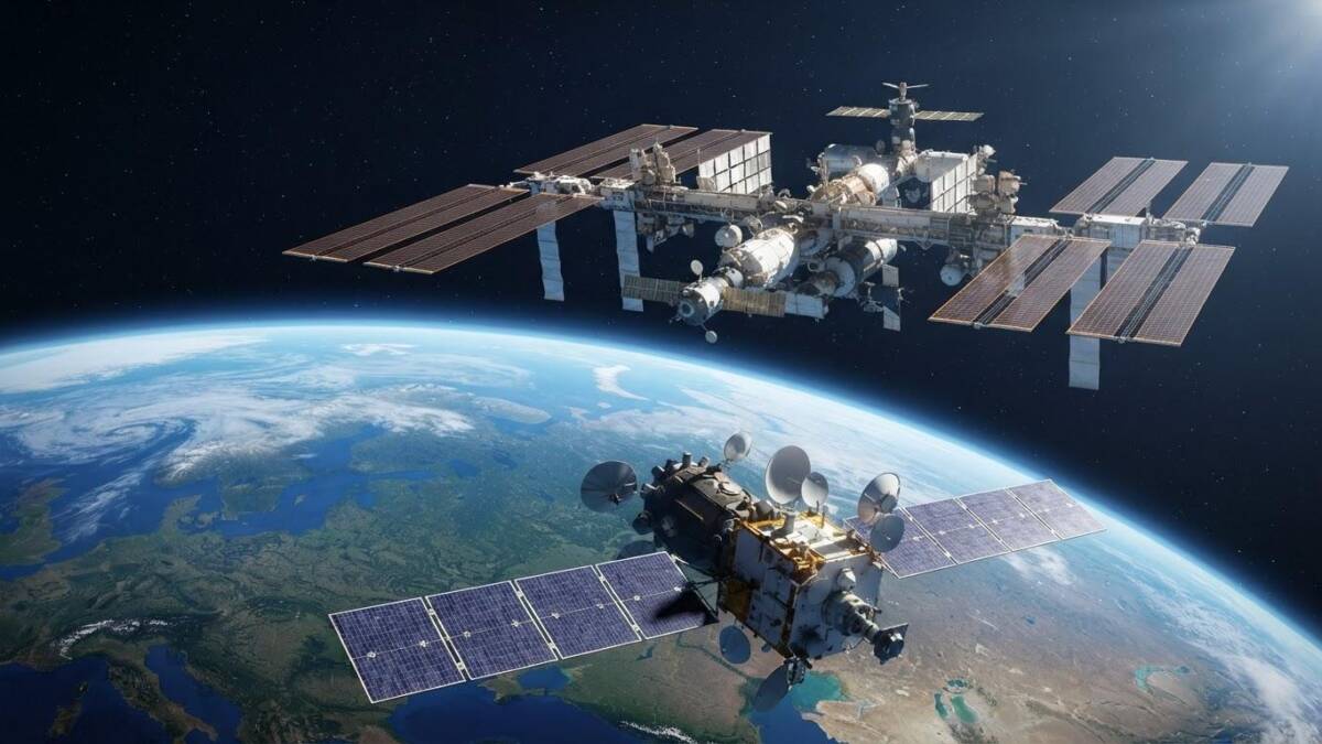 Две спутниковые системы наблюдения Земли в космосе ракета наземные пункты