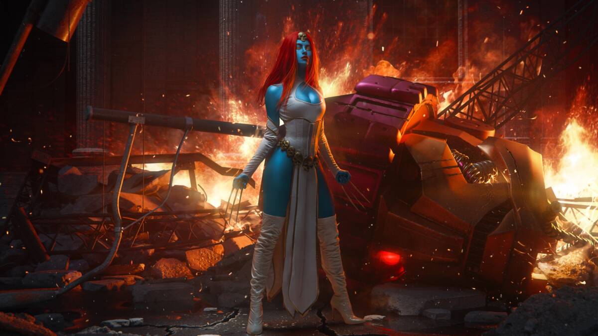 Косплей Мистик из Marvel в разрушенном городе